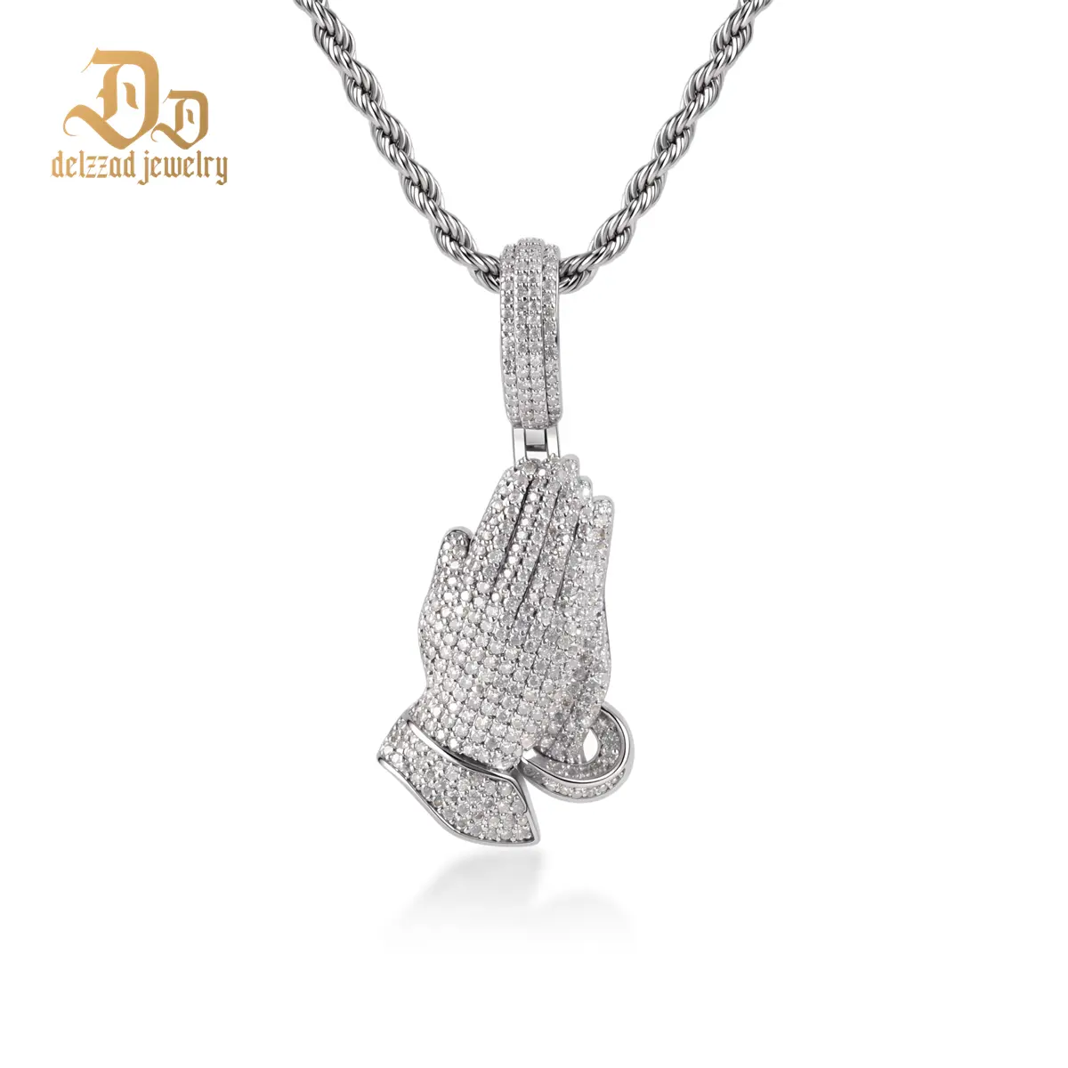 Delzzad 2.5ct Echo of Heaven Starlit Prayer Pendant Praying Hands Pendant Unisex Hip Hop Pendant VVS Synthetic Moissanite Necklace Jewelry Copper Perfect Birthday Anniversary Christmas Gift