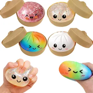 New 2026 Upgrade Glitter Dumpling Squishy Fidget Toy with Steamer Box, Soft Sensory Fidget Steamed Bun Squeeze Tool for Adult Stress & Anxiety Relief