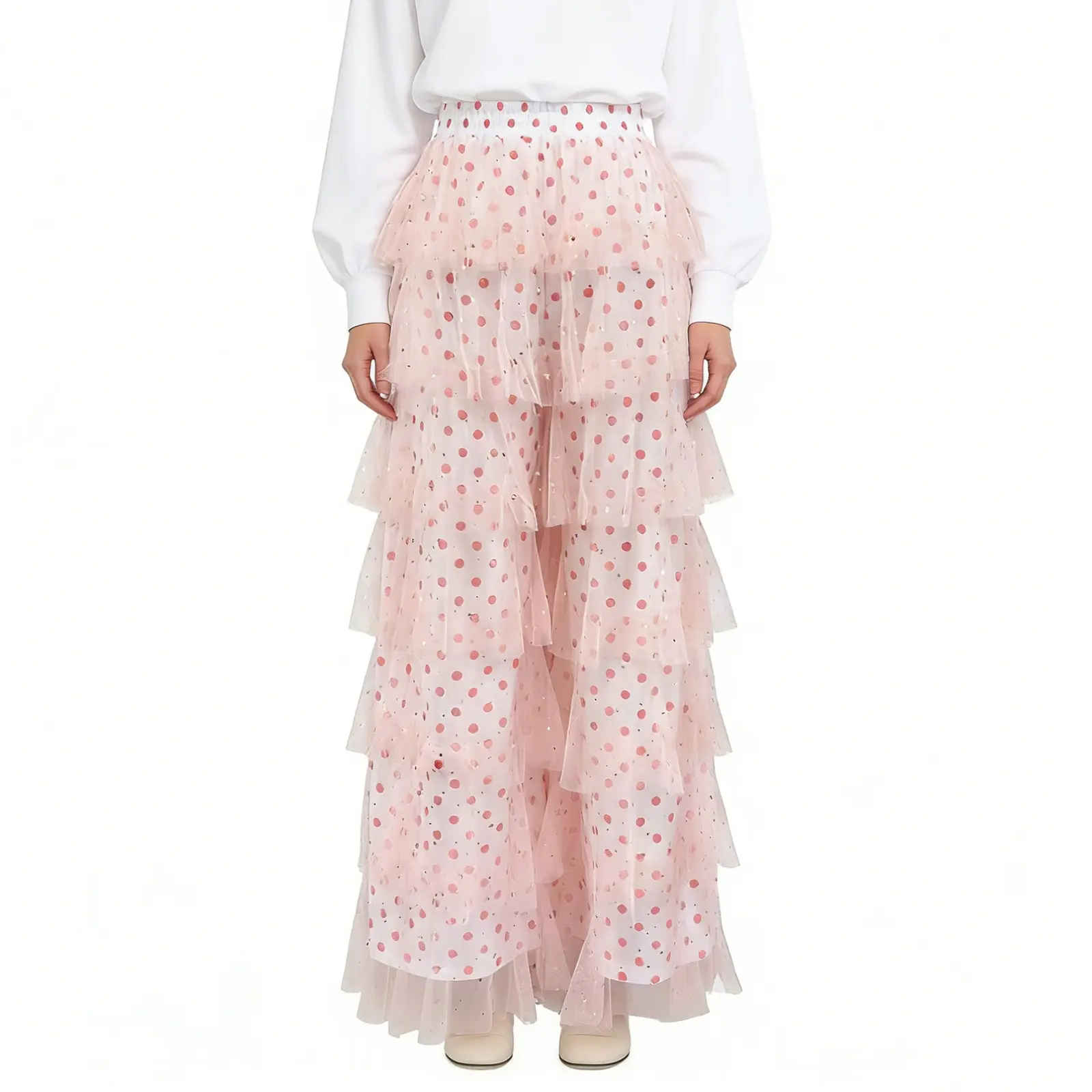Women's High-Waist Elastic Sequin Tulle Pants - Polka Dot Print, Loose Tiered Wide Leg Bottom, Trouser, Loose Fit, Long Pants