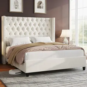 [SummerVibes] Velvet Upholstered Platform Bed Frame with 51.6" Tall Wingback Headboard Deep Button Tufted, No Box Spring Needed Christmas Gift