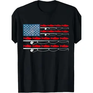 Men's T-Shirt, USA Flag Fishing Patriotic Salmon Rod, Casual Round Neck, Suitable for Outdoor Wear Fishing Trips & Everyday Use, funny graphic tee,summer graphic tees