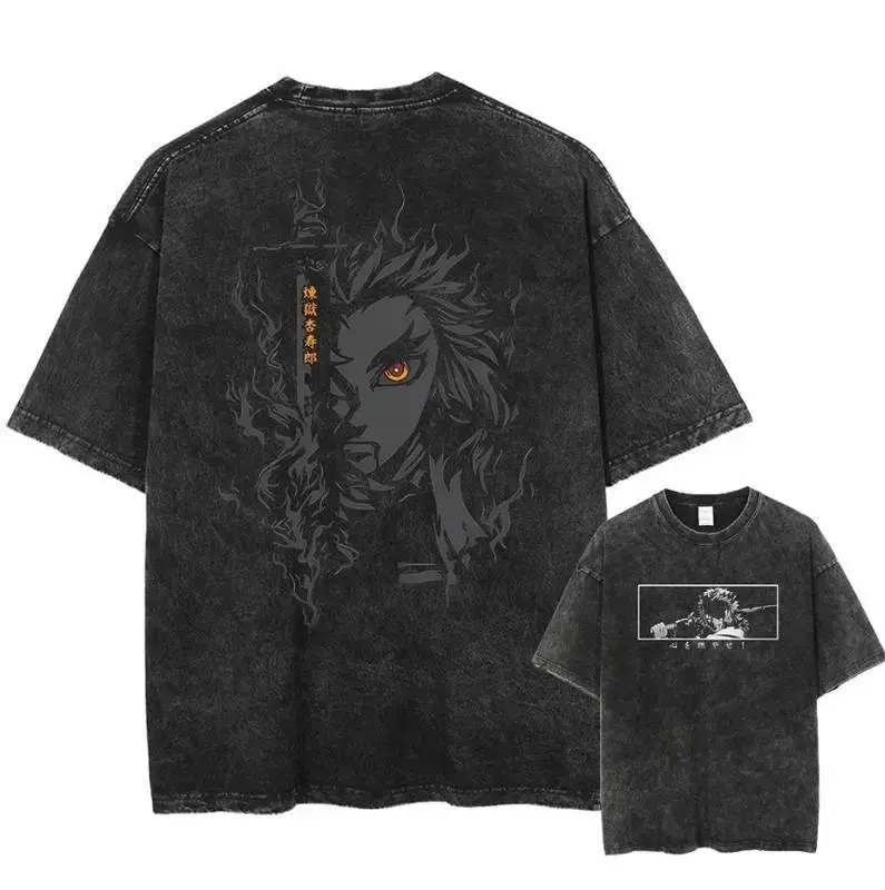 Men's Classic Rengoku Demon Slayer Anime Graphic Oversized Pre-Washed Heavyweight Cotton Short-Sleeve Round Neck T-Shirt - S-3XL Casual Streetwear Fan Merch Menswear Top