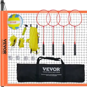 VEVOR Volleyball & Badminton Combo Tool Kit, Outdoor Portable Net with Adjustable Height Steel Poles, Shuttlecock, Rackets, PVC Volleyball, Pump, Carrying Bag for Backyard, Beach, Badminton Rackets