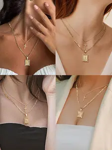 2Pcs Gold Layered Necklaces, Durable Plated Figaro Chain, Cross & Initial Pendant Set, Non-Tarnish Hypoallergenic Jewelry, Ideal for Daily Wear, Work, Dates & Layering with Other Necklaces.
