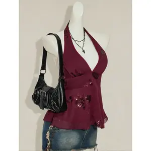 Women's New Fashion Elegant Deep V Sequined Rose Embroidered Waist Cinching Ruffle Backless Vest, Stylish and Slimming Design