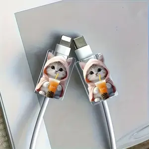 2-Pack Cute Cartoon Cat Data Cable Protector, Anti-Break Type-C Charger Sleeve, High Aesthetic Wear-Resistant Durable