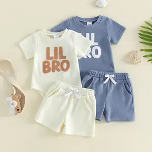 Babamoon Toddler Baby Boys Summer Outfits Set Little Brother  Embroidered Crew Neck Short Sleeve Romper Tops and Shorts 2Pcs Clothing Set 0-18 Months