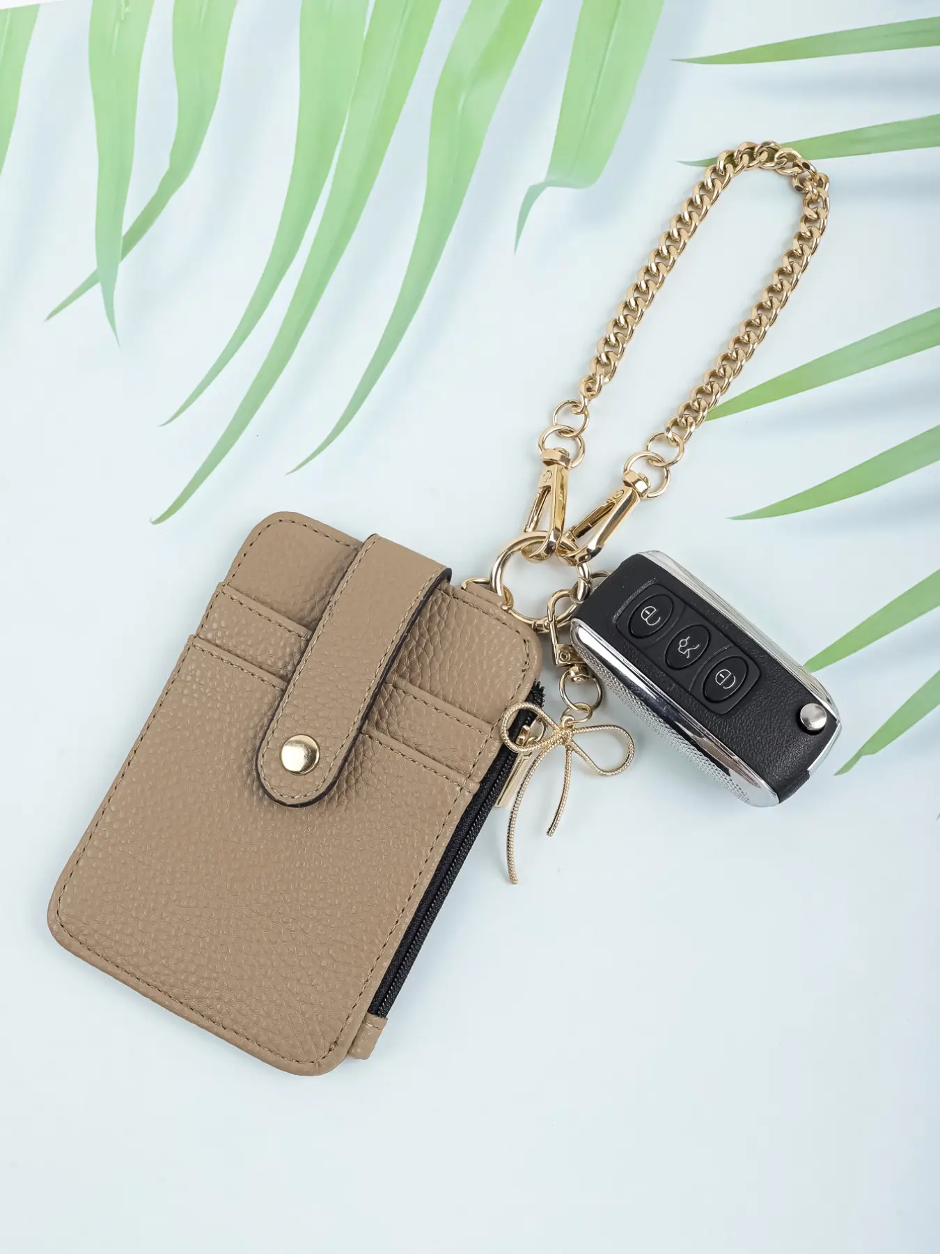 PU Leather Card Holder Wallet with Keychain, Mini Wristlet Coin Purse, ID Card & Car Key Organizer, Textured Soft Leather, Gold/Silver Chain with Bow Charm, Compact, Portable, Chic, Elegant, Cute Accessory for Women, Purple/Brown/Gray/White