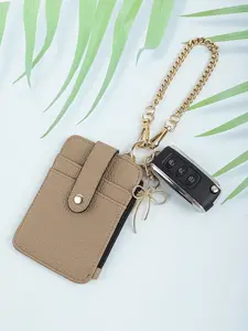 PU Leather Card Holder Wallet with Keychain, Mini Wristlet Coin Purse, ID Card & Car Key Organizer, Textured Soft Leather, Gold/Silver Chain with Bow Charm, Compact, Portable, Chic, Elegant, Cute Accessory for Women, Purple/Brown/Gray/White