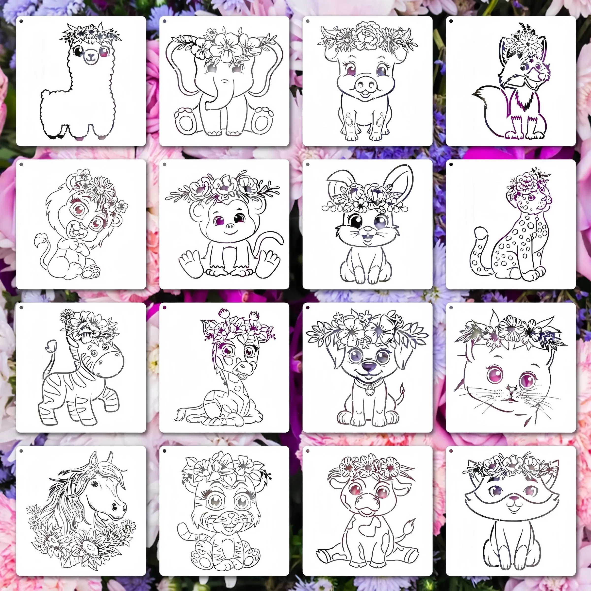 16 Animal and Flower Painting Templates, Reusable PET Stencils for DIY Art Projects, Art Supplies, Washable for Spray Painting and Doodling