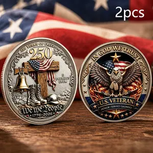 2pcs Us 250th Anniversary Commemorative Coins, Veteran Theme Bi-Facial Challenge Coin, Independence Bell Eagle Collectible Coin, 1776-2026 Freedom Patriot Medal
