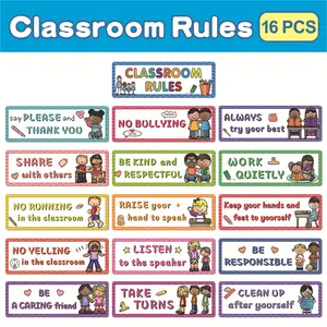 Classroom Rules Poster Set of 16, Durable and Vivid Educational Wall Art for Kids Rooms, Creative Play Space Decoration