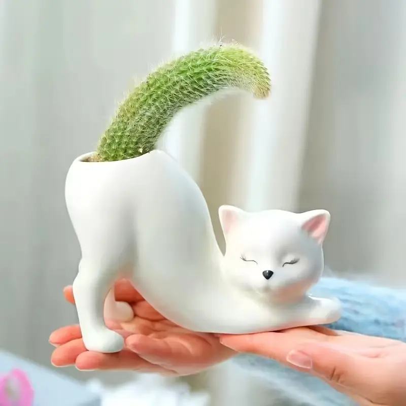 Bohemian Creative Design Cute Cat Decorative Flowerpot, Succulent Pot, Lightweight Multi-Purpose Ceramic Anti-Fall Planter, Indoor Outdoor Use, Succulent Planters