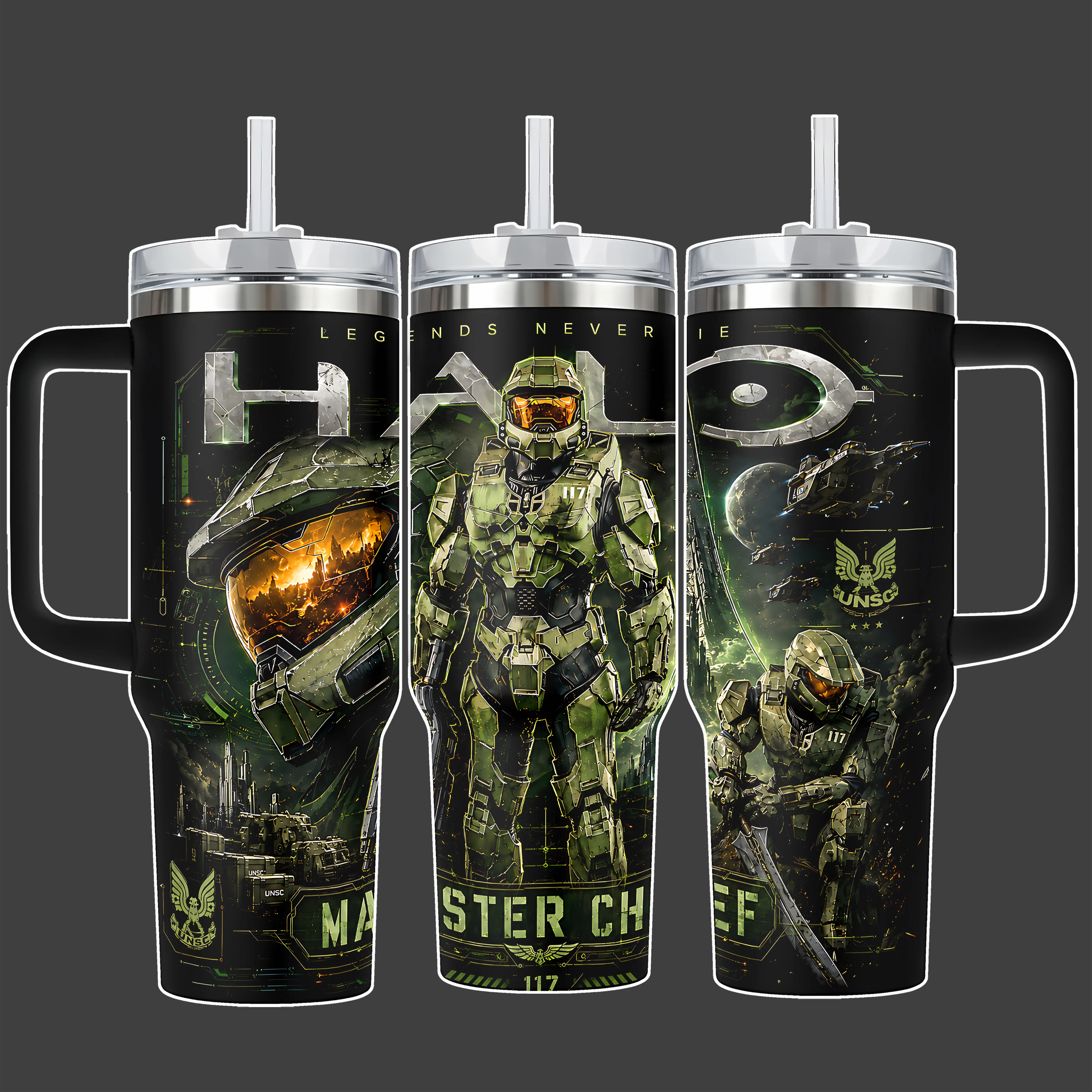 Halo Master Chief UNSC Green Armor Gaming Tumbler Cup, Black Olive Green Full Wrap Stainless Steel Insulated 40oz With Straw Lid Included, Handle Option