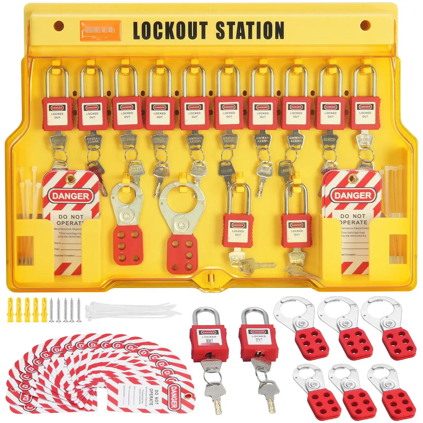 Electrical Lockout Tagout Kit 60-Piece Safety Station Including Padlocks Hasps Tags Nylon Ties Expansion Kit And Lockout Station Board For Industrial Electric Power Maintenance OSHA Compliant Workplace Safety Program