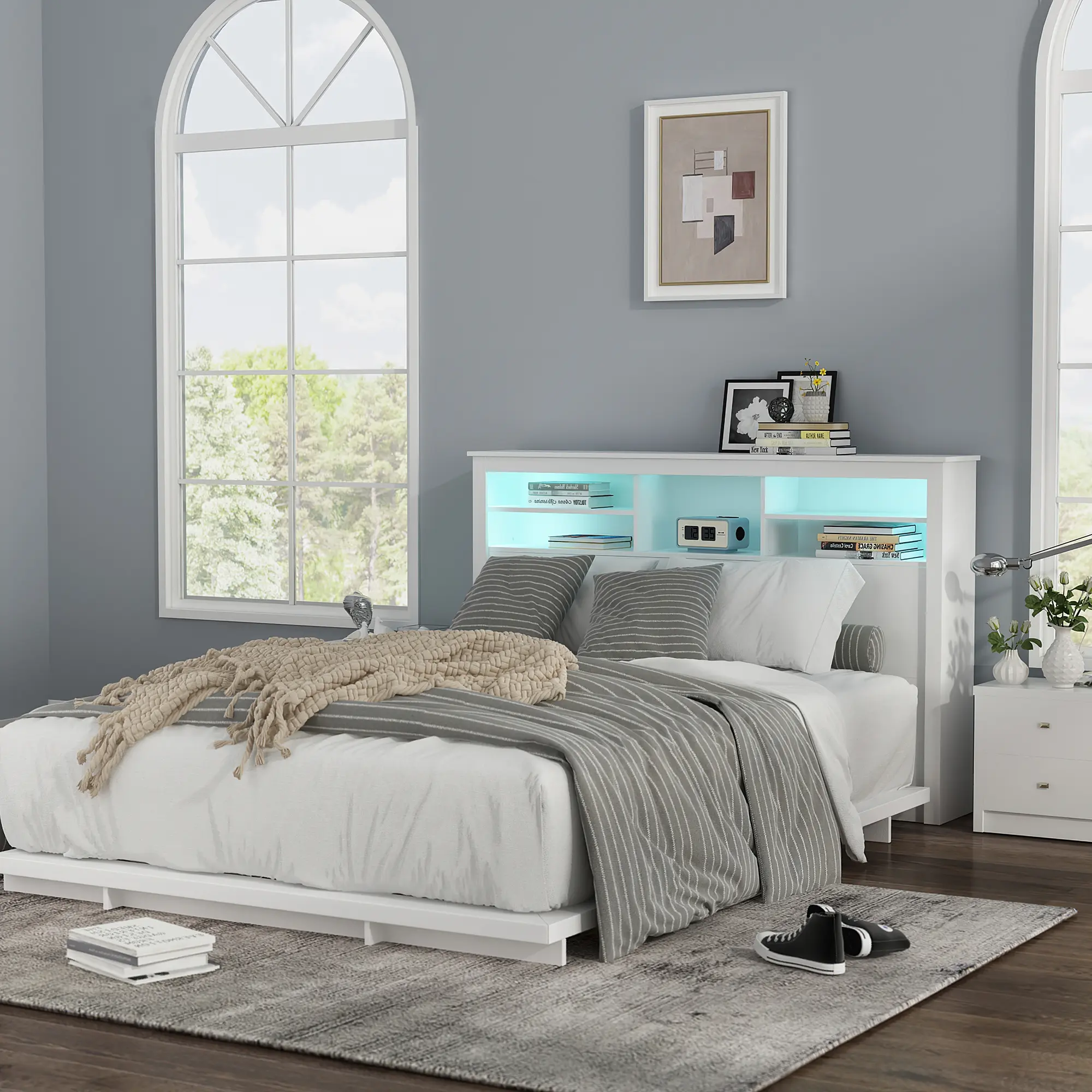 FUFU&GAGA Bed Headboard with USB Lights Modern Style White with Lights