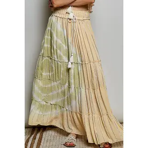 POL Shimmer Tiered Reverse Ruffle Smocked Waist Maxi Skirt