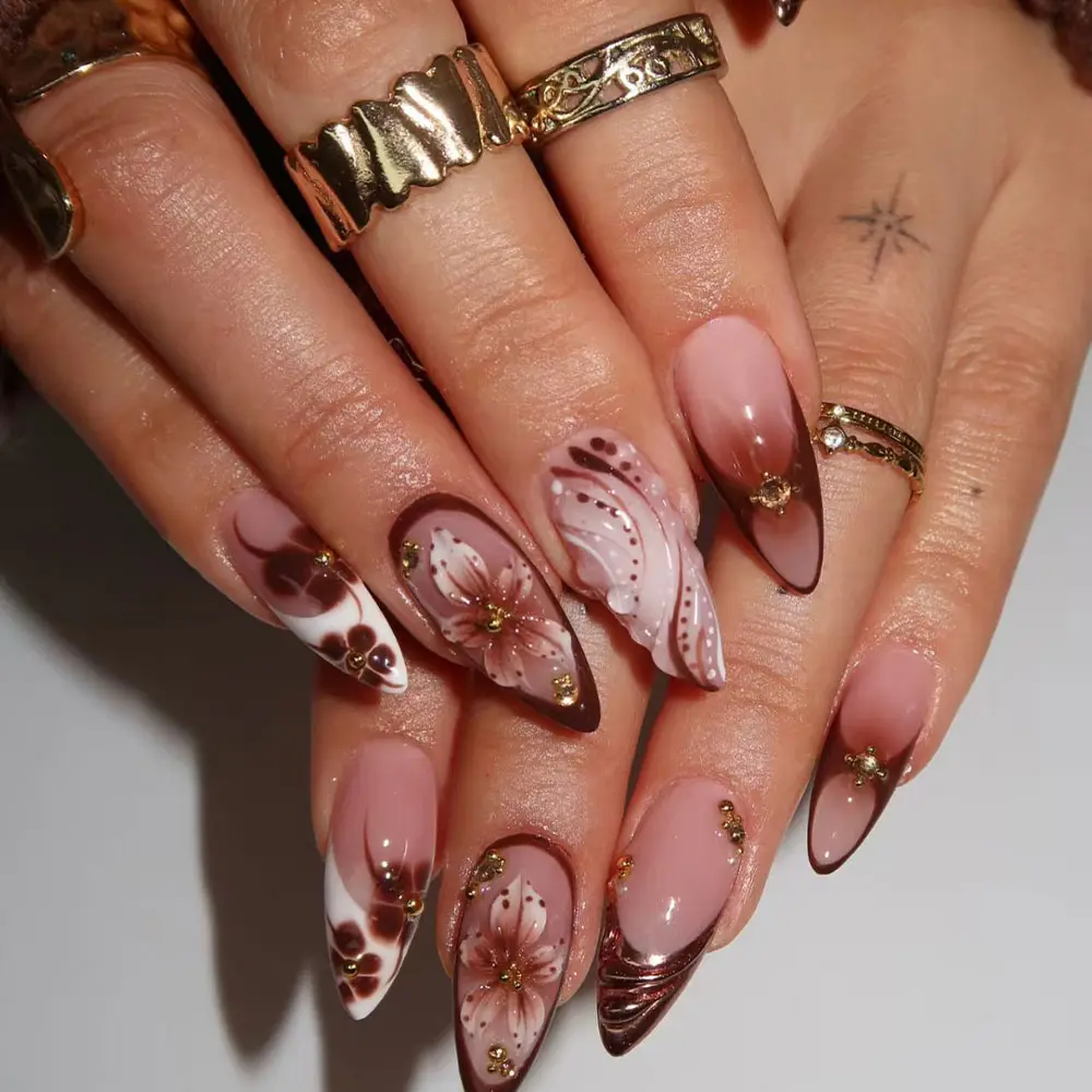 24Pcs Medium Almond French Tip Press-On Nails, 3D Gel Floral Design Flower Nails with Small Gems, Pearls & Nail Charms, Glossy Acrylic False Nails for Women Nail Art Designs