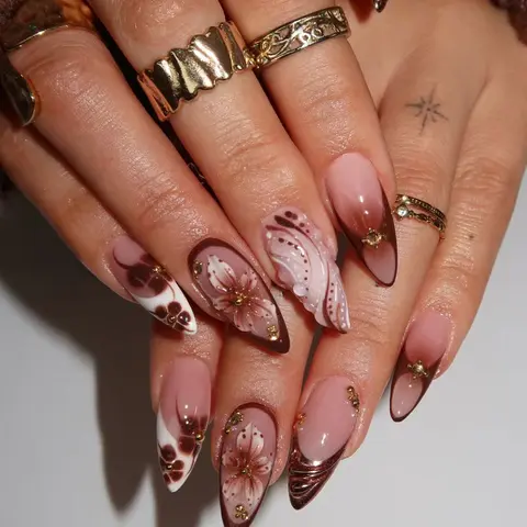 24Pcs Medium Almond French Tip Press-On Nails, Decorative Nails, 3D Gel Floral Design with Small Gems, Pearls & Nail Charms, Glossy Acrylic False Nails for Women Nail Art Designs
