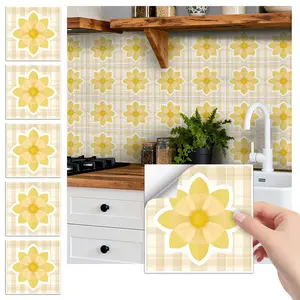 24PCS FHZ Classic Art Tile Stickers | Yellow-White Plaid Daisy PET Matte Peel-and-Stick Backsplash | Waterproof Oil-Proof for Home & Office DIY Renovation