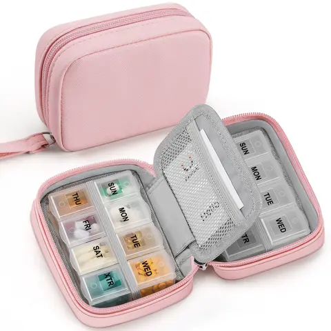 Zannaki Elegant Compact BPA-Free Food-Grade PU Leather Pill Organizer for Purse - 14-Compartment Healthcare Dispenser, 2 Removable 7-Day Boxes, 4 Fish Oil Slots, Portable for Vitamins/Supplements, Christmas Gift for Organization