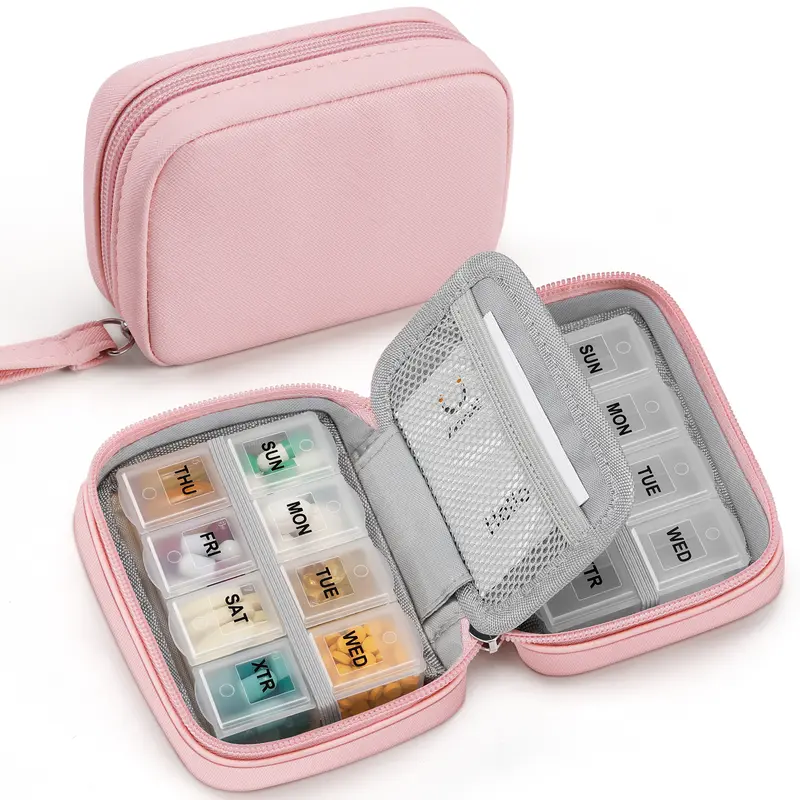 Zannaki Elegant Compact BPA-Free Food-Grade PU Leather Pill Organizer for Purse - 14-Compartment Healthcare Dispenser, 2 Removable 7-Day Boxes, 4 Fish Oil Slots, Portable for Vitamins/Supplements, Christmas Gift for Organization
