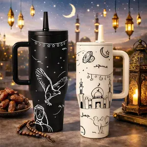 40oz Insulated Tumbler with Handle and Straw, Ramadan Middle Eastern Print Travel Mug, Arabic Culture Moon and Mosque Design, Double Wall Stainless Steel Vacuum Cup for Hot and Cold Drinks, Large Capacity Car Cup Holder Friendly, Gift for Ramadan, Eid, Bi