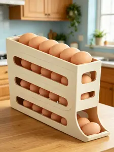 Rolling egg storage box, refrigerator side door egg holder, clear plastic freshness-preserving container, automatic egg dispenser tray for kitchen organization