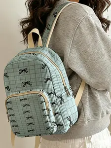1 piece of women's backpack with 2D printed blue checkered bow pattern, corduroy texture + layered storage + light weight reduction | Perfect for students to go to class/shopping/short trips | Combines atmosphere with practicality