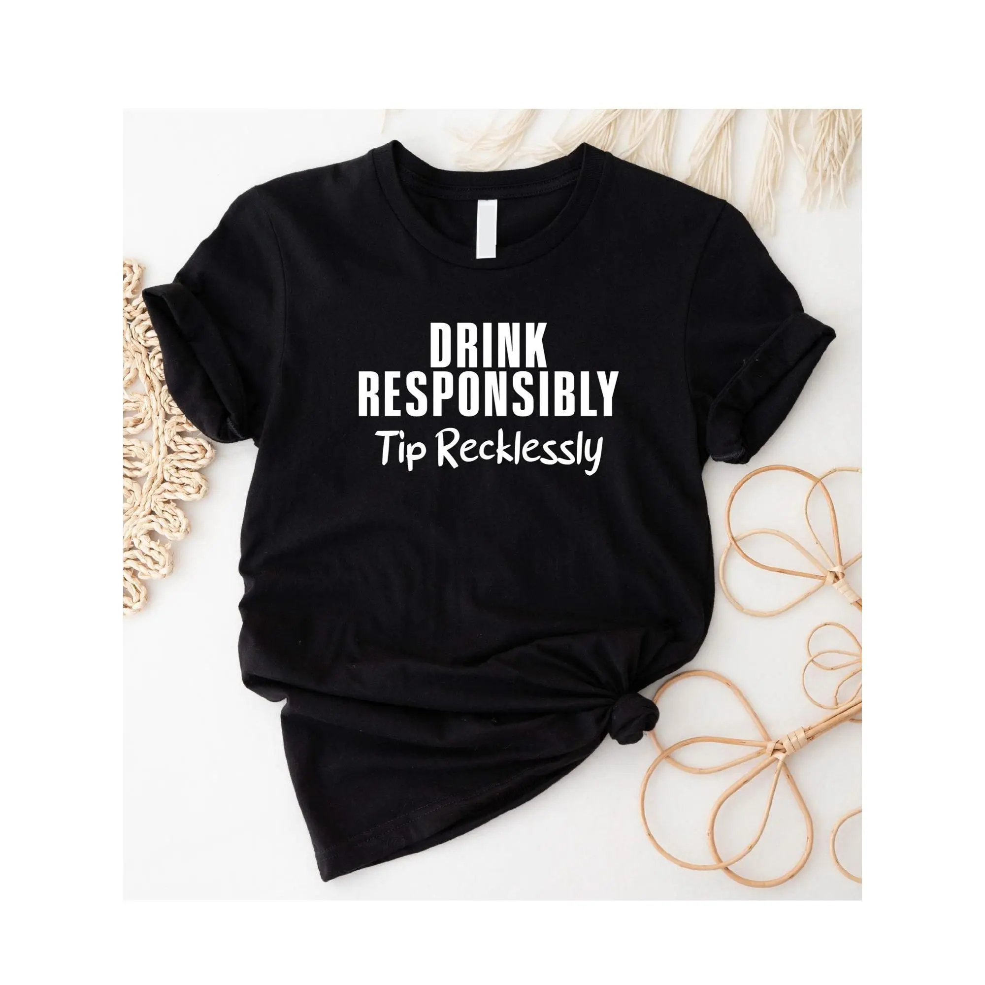 Women's Fitted Cotton T-Shirt - Lady's Short-Sleeve Streetwear Top with 'Drink Responsibly Tip Recklessly' Graphic Print, Casual Bartender Apparel