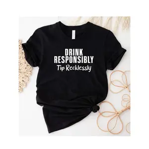 Funny Bartender T-Shirt for Women - Drink Responsibly Tip Recklessly Crew Neck Short Sleeve 100% Cotton Black Tee Top Womenswear Streetwear Tshirt Casual Crewneck
