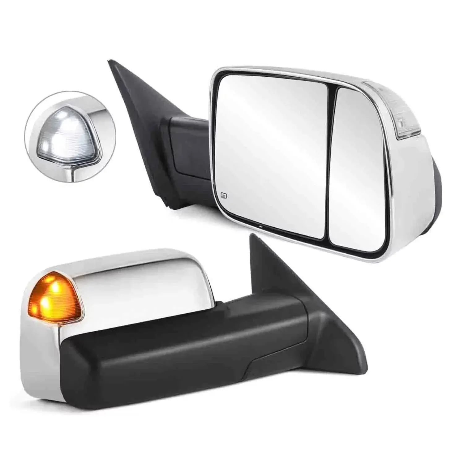 Chrome Power Heated Towing Mirrors with DRL For 2009-2018 Ram 1500/2500/3500 w/ TEMP Sensor Running Light