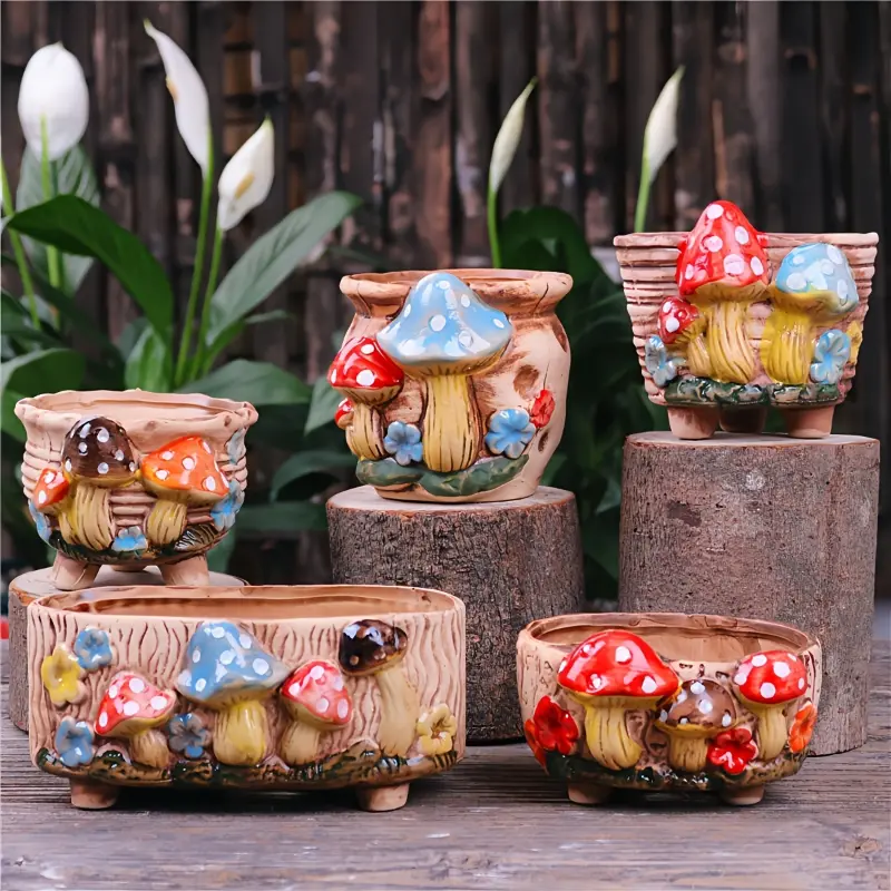 5pcs Contemporary Mushroom Motif Ceramic Planter Set - Irregular Shape, Lightweight, Floor Mount, Indoor and Outdoor Flower Pots & Planters with Other Patterns for Succulents