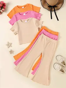 6-Piece Girls' Casual Clothing Set, Solid Color Pleated Soft Knit Short Sleeve T-Shirt and Bell Pants, Ideal for Outdoor Wear, Spring Summer