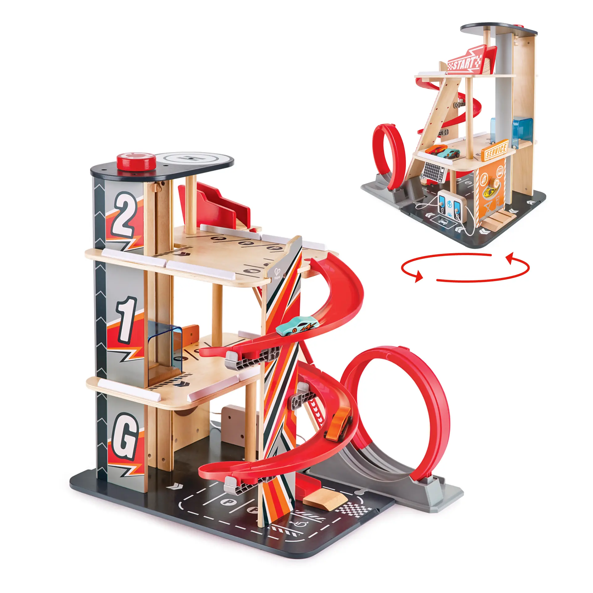 Hape Gearhead Stunt Garage Wooden High-Rise Toy Car Parking Playset with Elevator, Ramps, Stunt Tracks, and Racing Action for Kids, Toy Cars