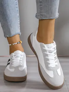 Women's White and Gray Low - Top Lace - Up Casual Sneakers with Black Stripes, Breathable and Lightweight Comfort Footwear, Non - Slip Shoes for Daily Wear, Walking, and Casual Activities, Trendy Athletic Street Style Footwear, Low Top Trainer