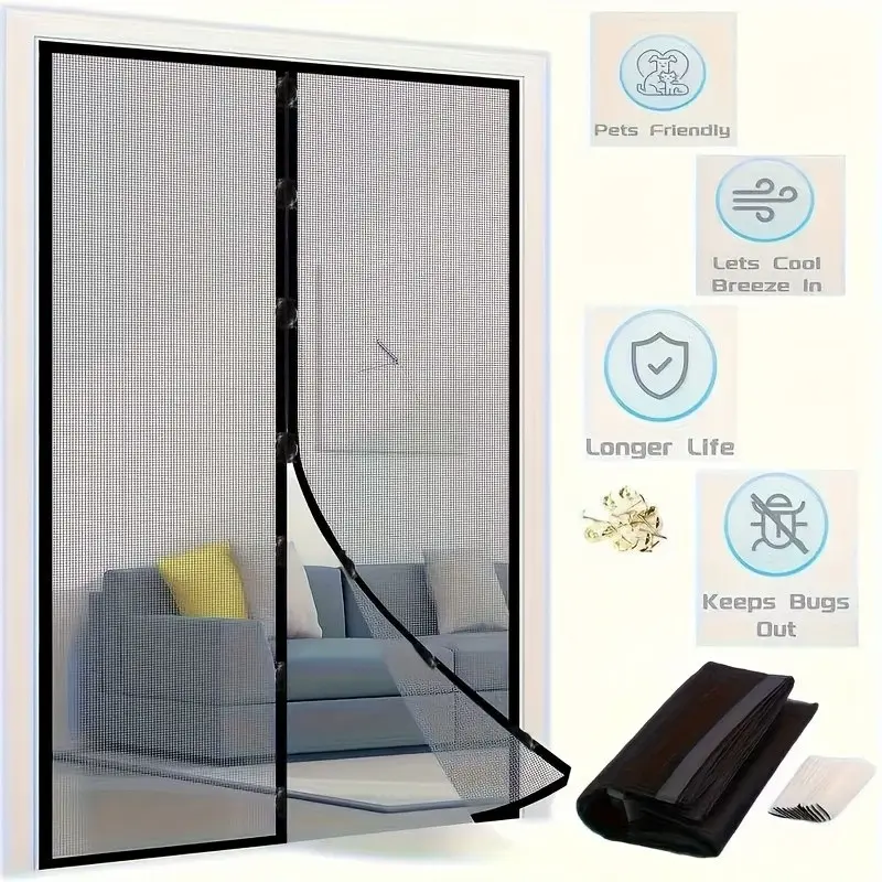 Summer Mesh Door No Drilling Automatic Closure Magnetic Curtain, Pest-Proof, Easy Adhesive Installation, 4 Sizes Available, Magnetic Screen Door