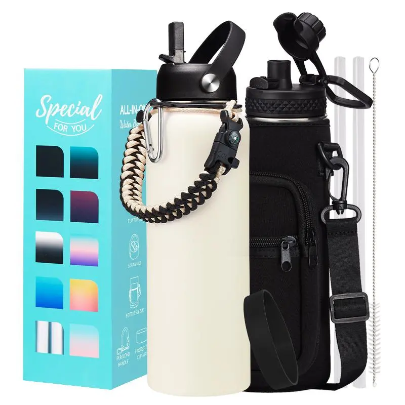 Portable Double Wall Stainless Steel Insulated Vacuum Flask (32oz/40oz/128oz, 1000-2000ml), Leakproof Pop-up Chug Lid with Straw, 48H Cold/24H Hot Retention, Sweat-Proof, Paracord Handle, Strap Carrier Bag, Cream White, Water Bottles, Bottles, 1 Shoulder