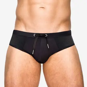 Men's Push-Up Bikini Swimwear Sexy Bulge Enhancing Hollow Out Design Pure Black Translucent Briefs Quick-Dry High Quality