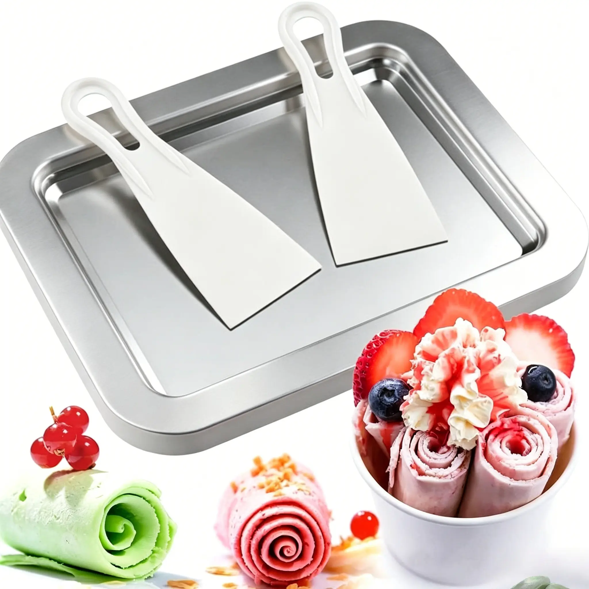 2-in-1 Portable Smooth Instant Freeze Rolled Ice Cream Maker Kit for Home Kitchen - Mini Size Kitchen Gadget with 2 Scrapers, Cold Plate, 1 Tray, Board - For Families, Camping, Portable Kit