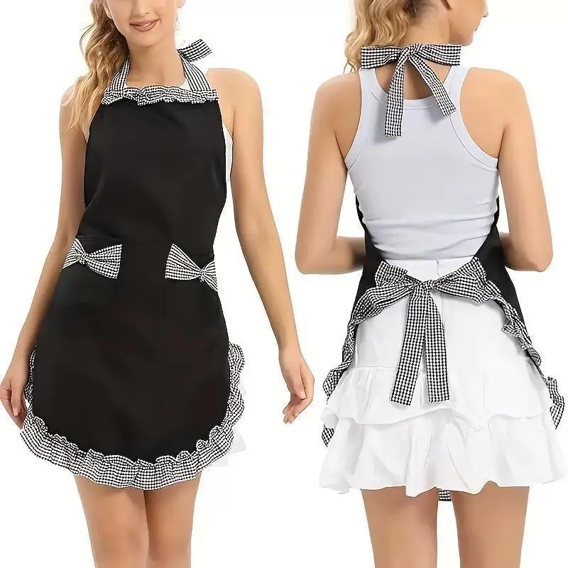 Vintage-Style Adjustable Apron with Red & White Checkered Bow Pocket, Durable Polyester, Perfect for Cooking, Baking & Easter Kitchen Wear, Baking Attire | Vintage Apron | Durable Apron