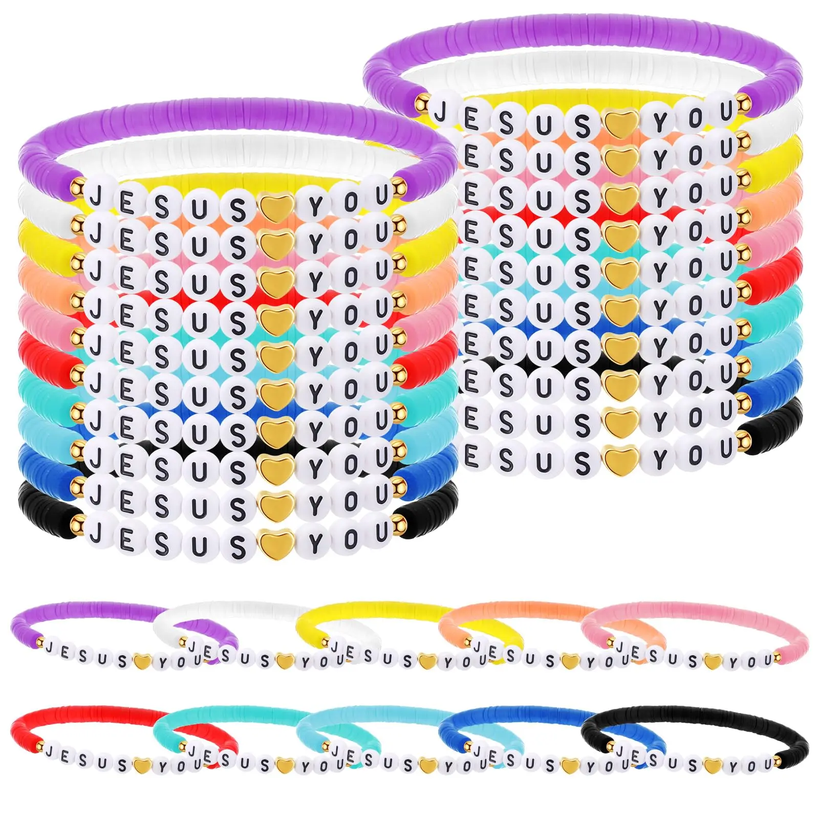 30pcs Jesus Loves You Bracelets Bulk Christian Gift for Women Men Teens Religious Gifts WWJD Cross Clay Beads Friendship Bracelets for Church Sunday School Classroom Rewards Trick or Treat Gift Goodie Bag Stuffers