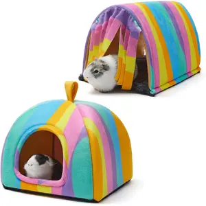Guinea Pig Hideout Soft Large Bed Tunnel with Door Curtain 2 Pack Guinea Pig Toys Set Bunny Bed Cage Accessories for Small Animals Rainbow