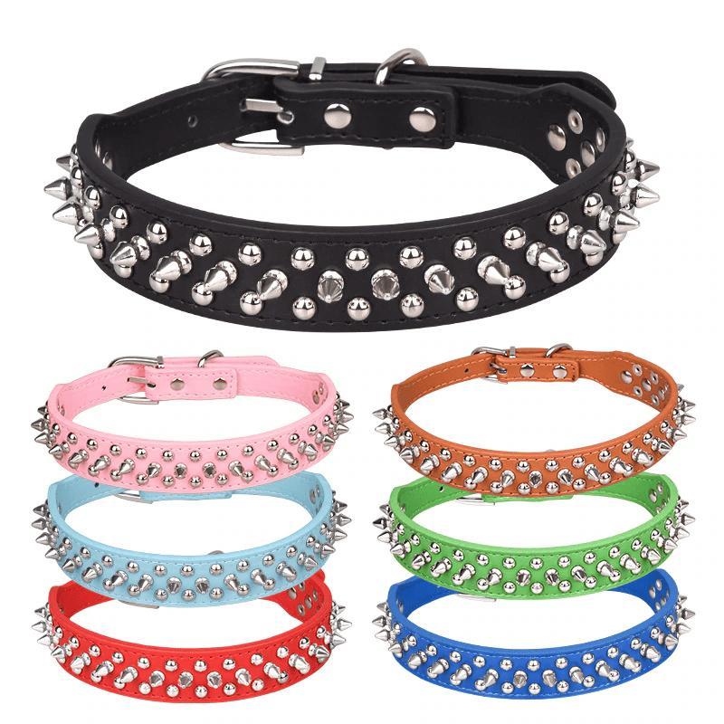 Stylish Spiked Leather Collar with Rivets - Adjustable Fit for Medium and Large Dogs and Cats