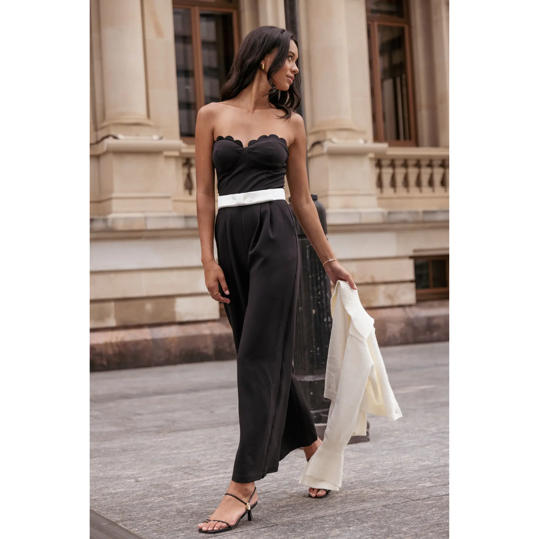Elaria Scalloped Belted Jumpsuit - Black
