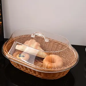 Wicker Bread Basket with Clear Acrylic Lid - Reusable Plastic Storage Container for Fruit, Candy, Picnic and Home Display, Bread Storage