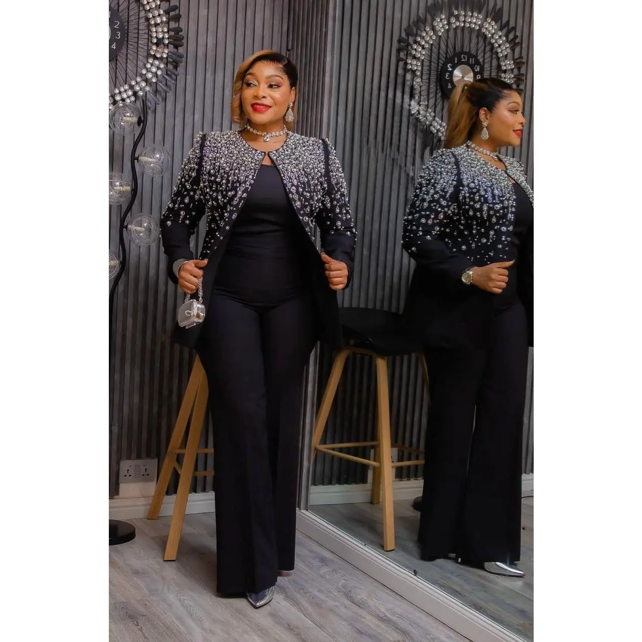 Black Embellished 3-Piece Suit Set, Jacket Camisole Pants: Wedding Guest Graduation Anniversary Engagement Ceremony Mother of The Bride or Groom