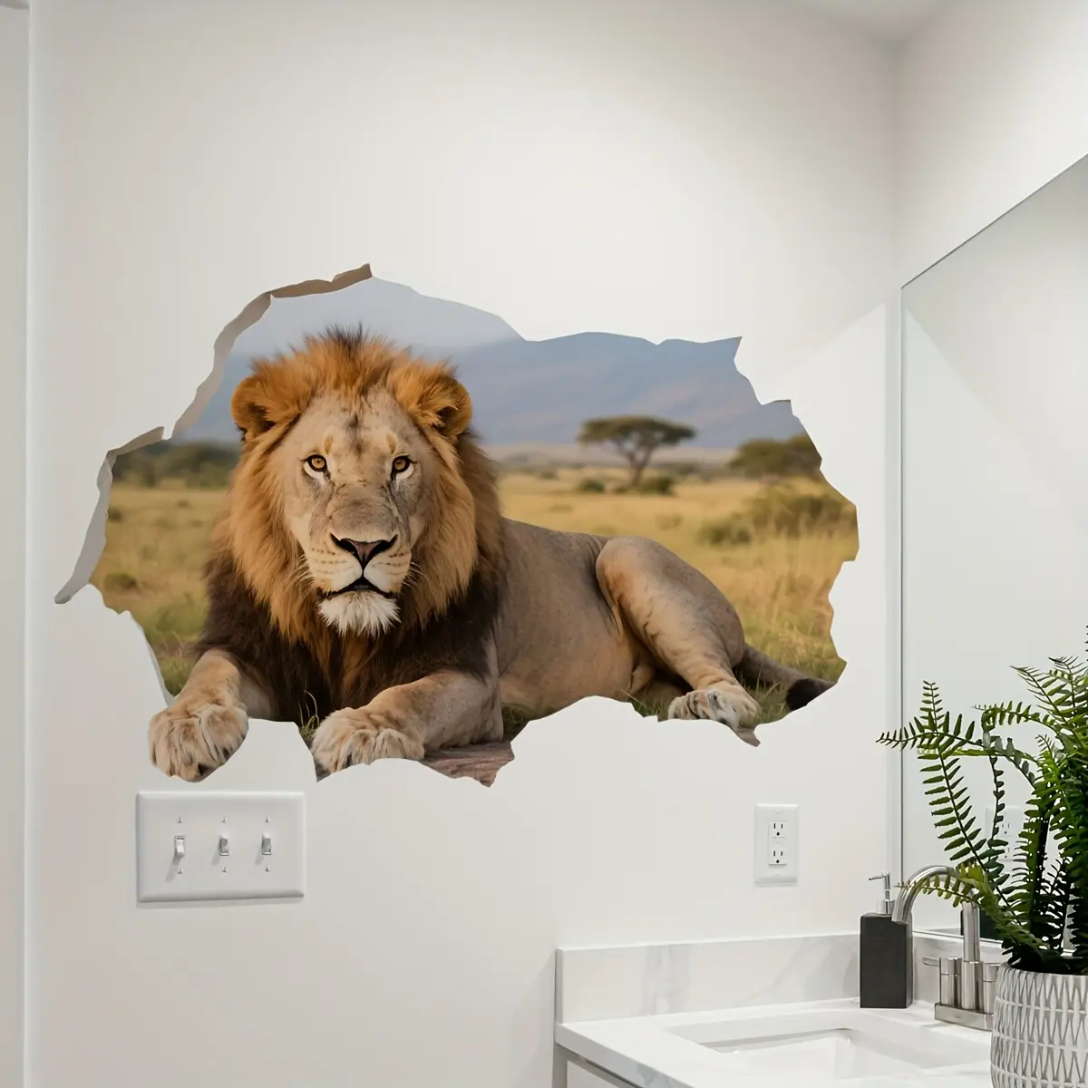 A (30*40cm) creative 2D simulated grassland lion wall sticker for living room and bedroom decoration, background beautification (B18555-KR)