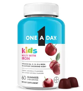 One A Day Kids Multivitamin with Iron Gummy, Vitamin D, Vitamin C, E, Zinc for Immune Support, Gummy Vitamins, Kids Multivitamin Gummies with Iron, Cherry Flavor, 60 Count (Packaging May Vary)