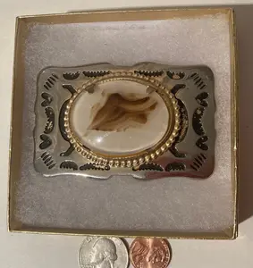 Vintage Metal Belt Buckle, Nice White and Brown Stone Design, Nice Design, 3" x 2", Heavy Duty, Quality, Thick Metal, Made in USA, For Belts